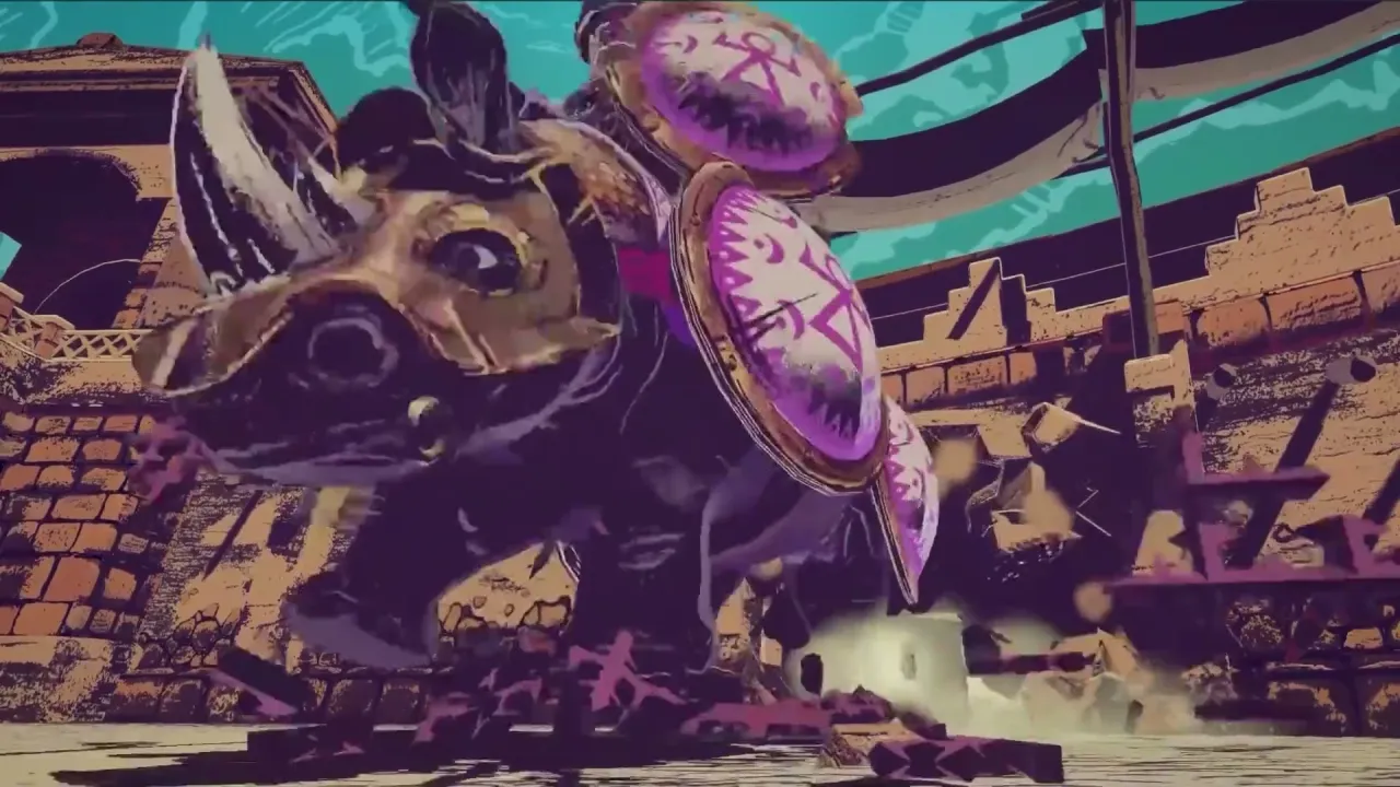Armored rhino with purple shields charges through a stone gate in a stylized colosseum scene with teal sky and flying debris.