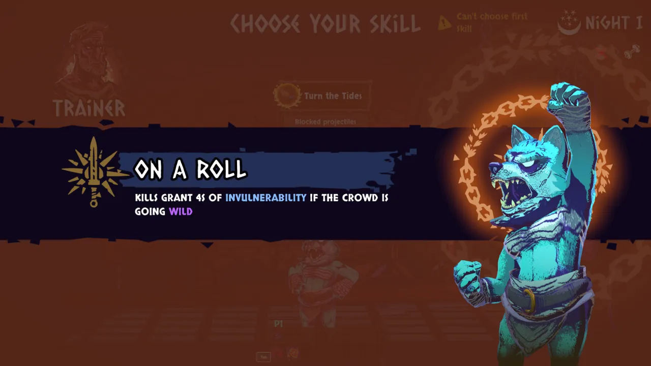 Skill picker showing the On a Roll card and the message Can’t choose first skill during Night 1 with a teal beast celebrating.