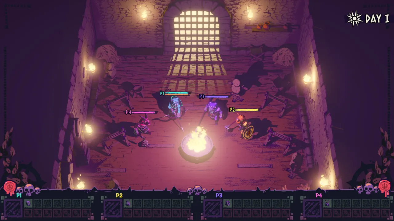 Four beast gladiators labeled P1 through P4 stand around a campfire in a stone room on Day 1 with a sun icon and player HUD at the bottom.