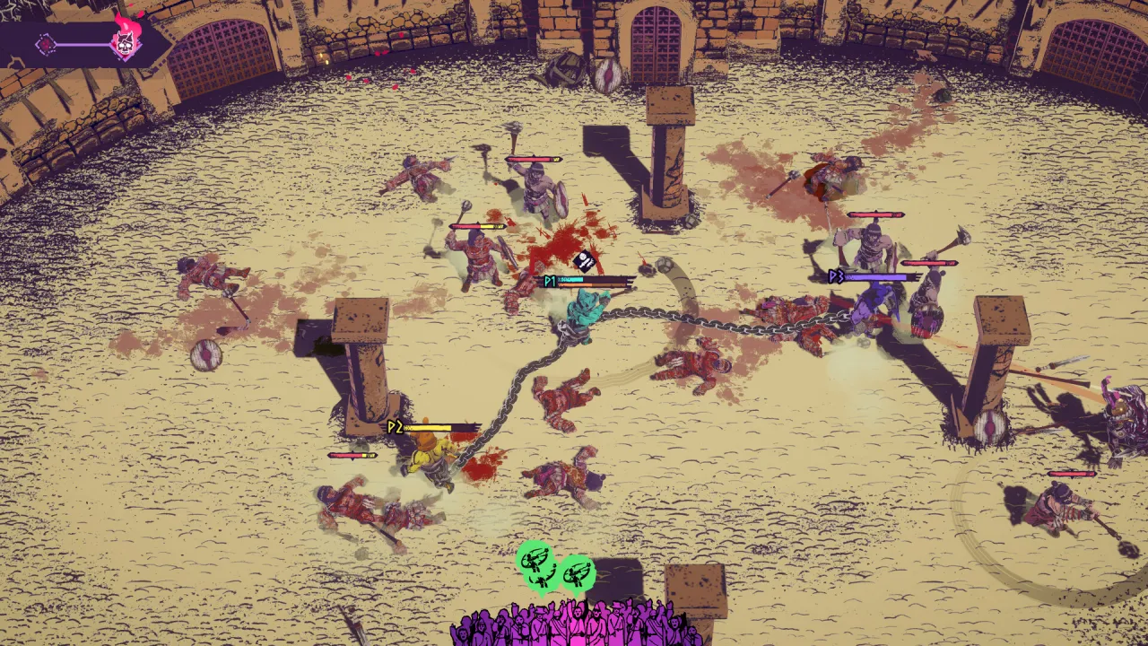 Top-down view of three chained gladiators labeled P1 through P3 fighting enemies in a bloody sand arena with stone pillars and a purple crowd bar.
