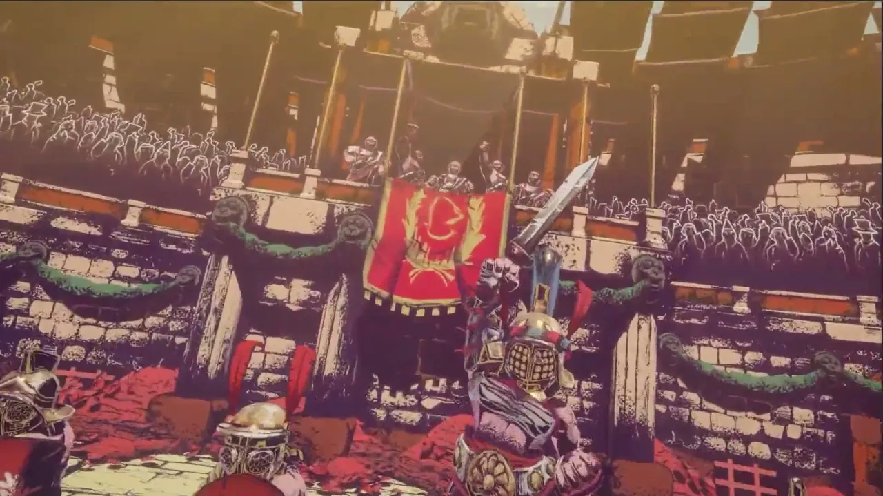 Hand-drawn gladiator raises a sword before a cheering colosseum crowd under a red banner with a gold emblem.