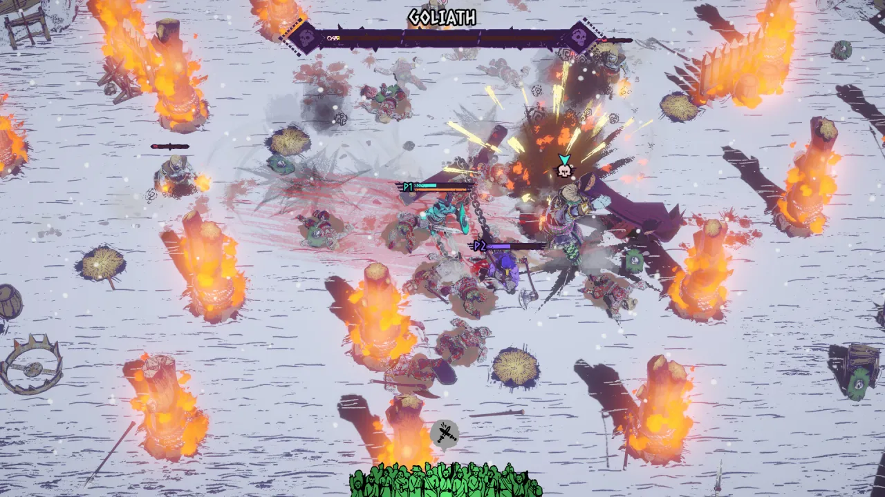 Two players labeled P1 and P2 fight the boss Goliath in a snowy arena with burning stumps and a GOLIATH health bar across the top.