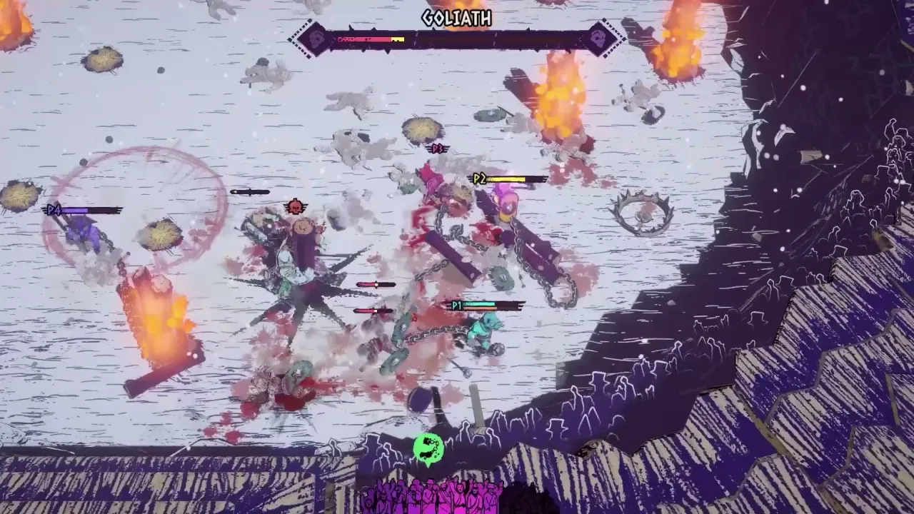 Four players labeled P1 through P4 chain-fight Goliath in a snowy arena with fire, traps, and a GOLIATH boss bar across the top.