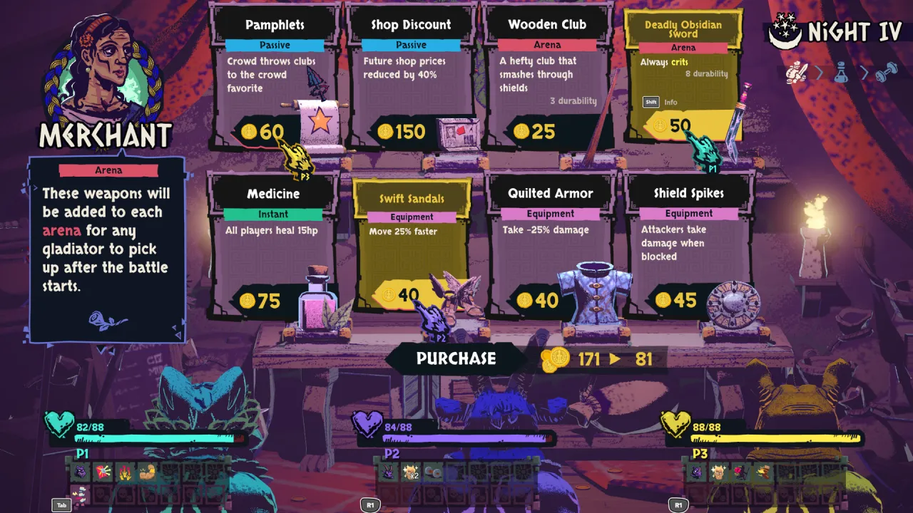 Merchant shop on Night IV showing eight item cards, a Purchase button, and gold changing from 171 to 81 with three player cursors.