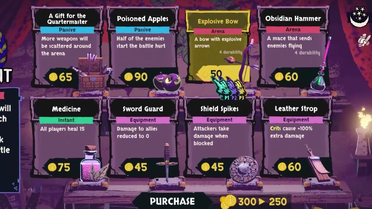 Merchant trailer frame showing eight shop cards including Explosive Bow selected and gold dropping from 300 to 250 on purchase.