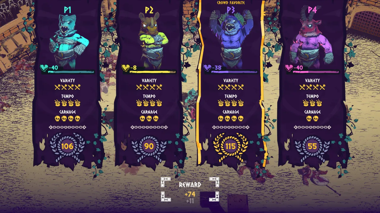 Post-battle score banners showing Variety, Tempo, and Carnage ratings, with P3 marked Crowd Favorite and a Reward of +74.