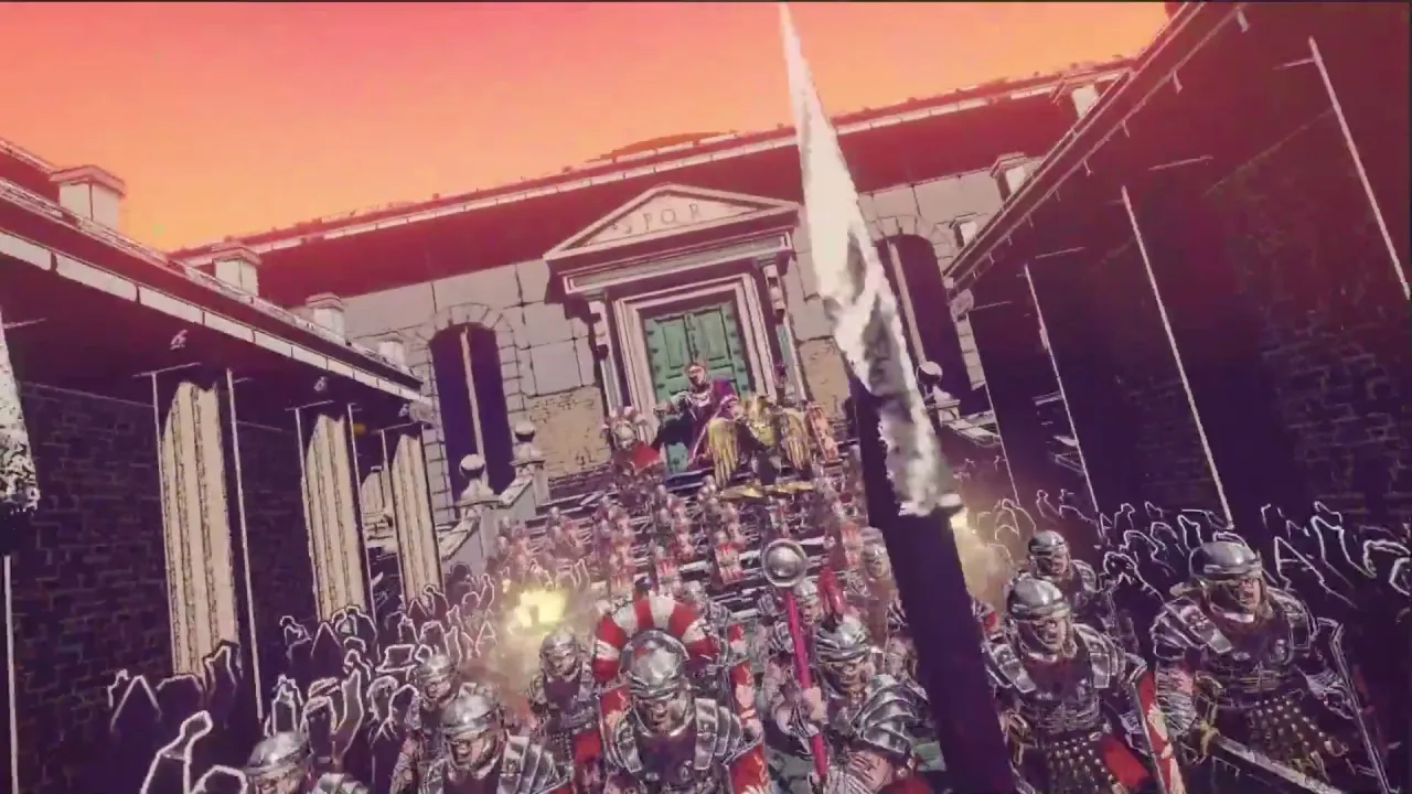 Cinematic view of a robed figure on a golden throne above legionaries on stone steps, with SPQR on the pediment and an orange sky.