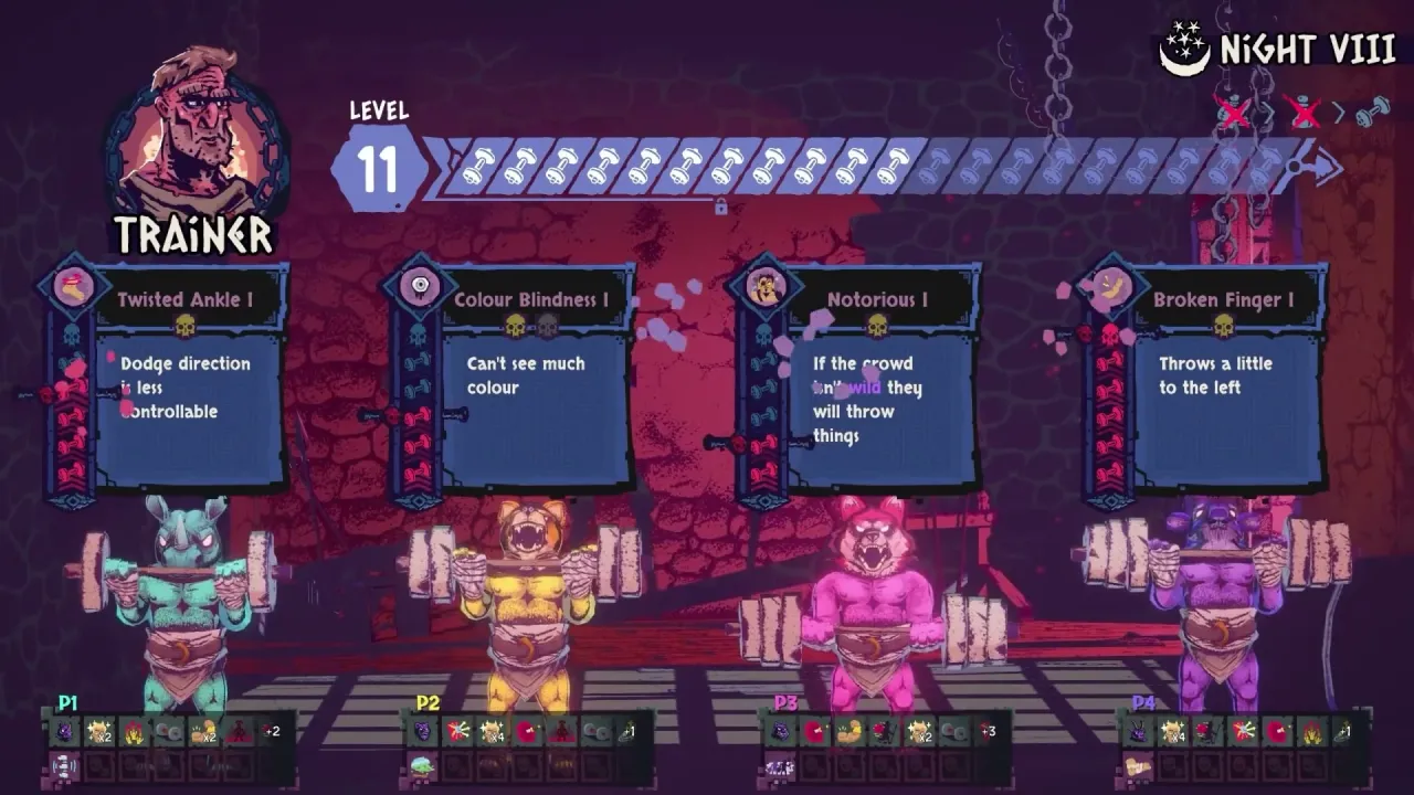 Trainer Level 11 on Night VIII lists four level-I afflictions above four beasts lifting weights in a chained party.